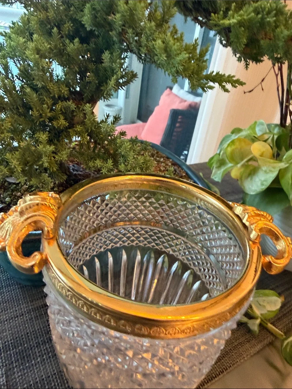 Glass Ice Bucket with Gold-Tone Rim and Decorative Handles